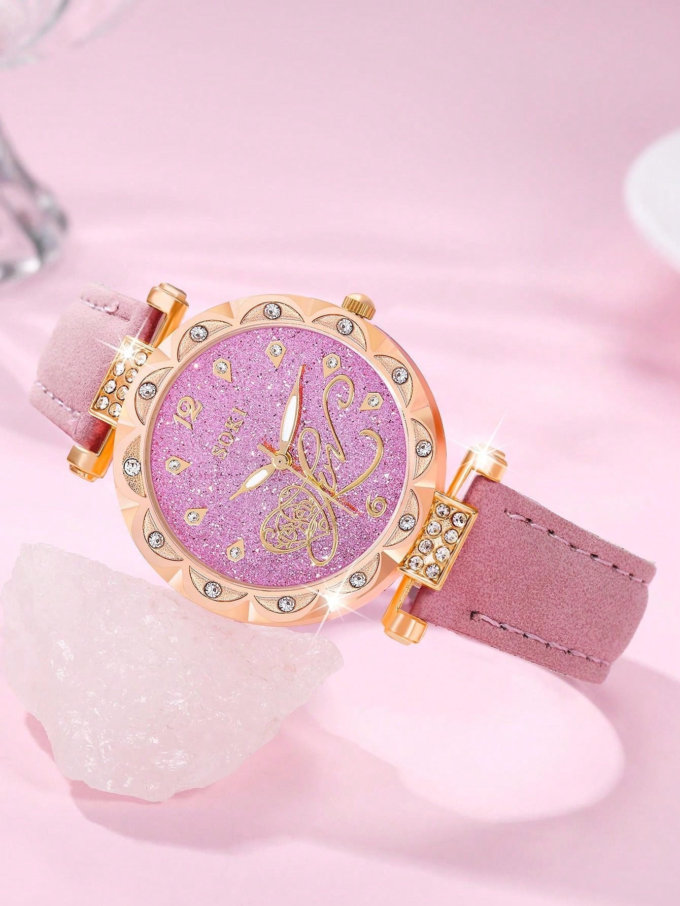 1pc Women's Pink Pu Strap, Gorgeous Heart Dial, Quartz Wristwatch And Heart Shaped Fully Rhinestone Jewelry Set