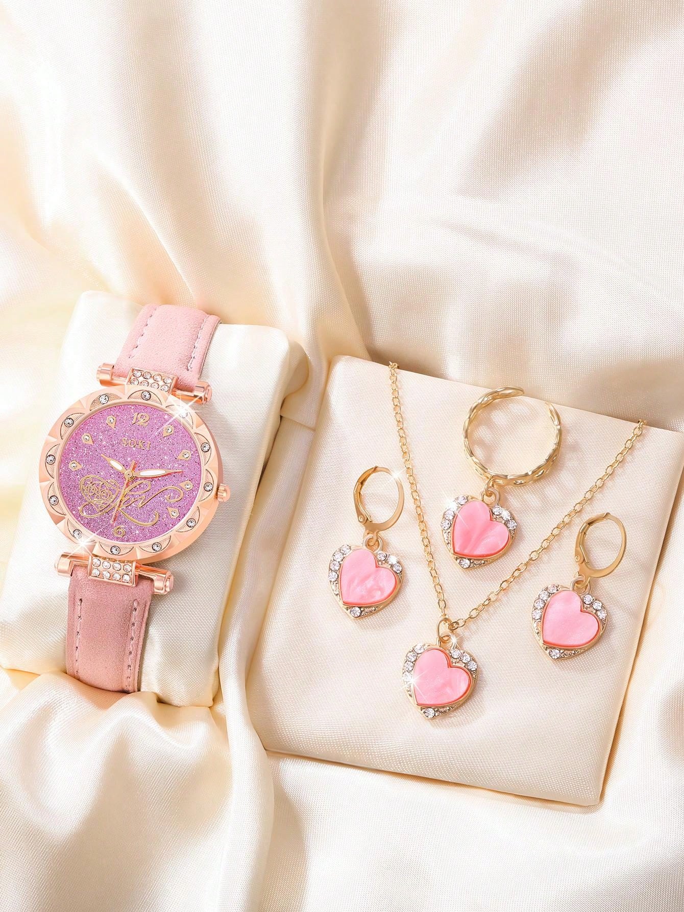 1pc Women's Pink Pu Strap, Gorgeous Heart Dial, Quartz Wristwatch And Heart Shaped Fully Rhinestone Jewelry Set