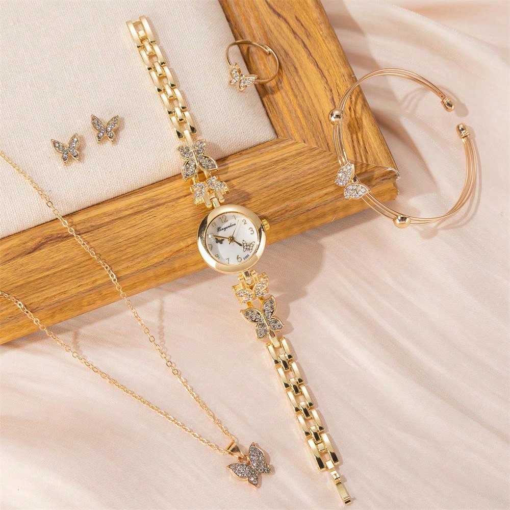 4/5pcs Fashionable Women's Watch Gift Set, Including Luxury Butterfly & Blue Sapphire Watch, Necklace, Ring & Earrings, Made From Alloy And Quartz