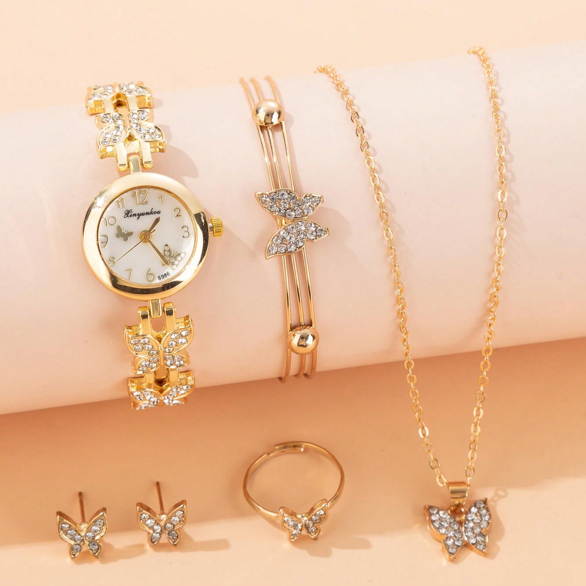 4/5pcs Fashionable Women's Watch Gift Set, Including Luxury Butterfly & Blue Sapphire Watch, Necklace, Ring & Earrings, Made From Alloy And Quartz