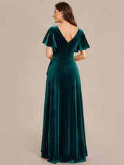 EVER-PRETTY Deep V-Neck Velvet Sexy Evening Party Gown Dress With Ruffle Edge And Slit