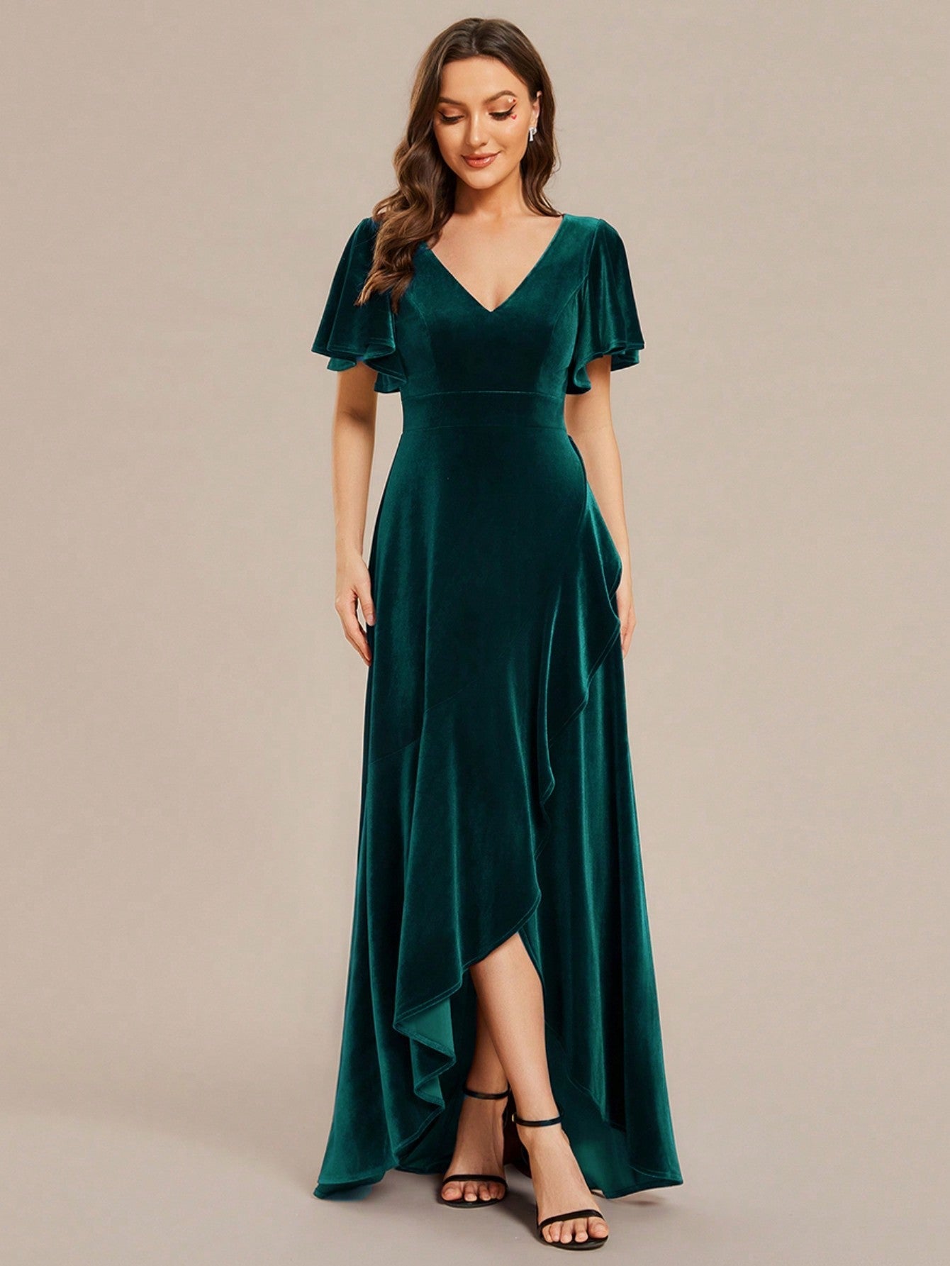 EVER-PRETTY Deep V-Neck Velvet Sexy Evening Party Gown Dress With Ruffle Edge And Slit