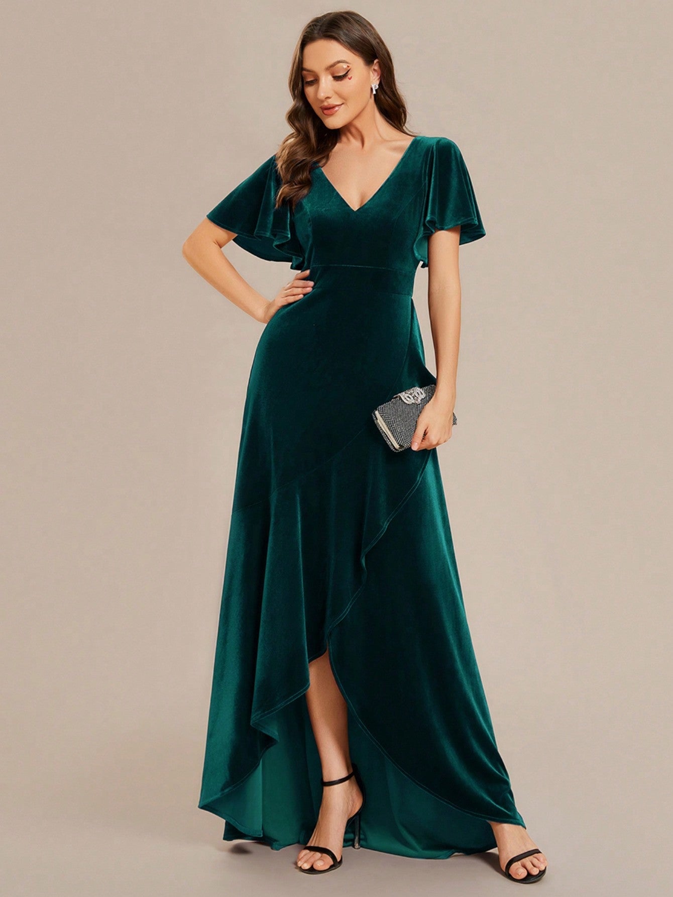 EVER-PRETTY Deep V-Neck Velvet Sexy Evening Party Gown Dress With Ruffle Edge And Slit