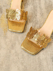 Women'S Fashionable Butterfly Detail Gold-Colored Chunky Heel Sandals For Daily Wear, Work And Parties