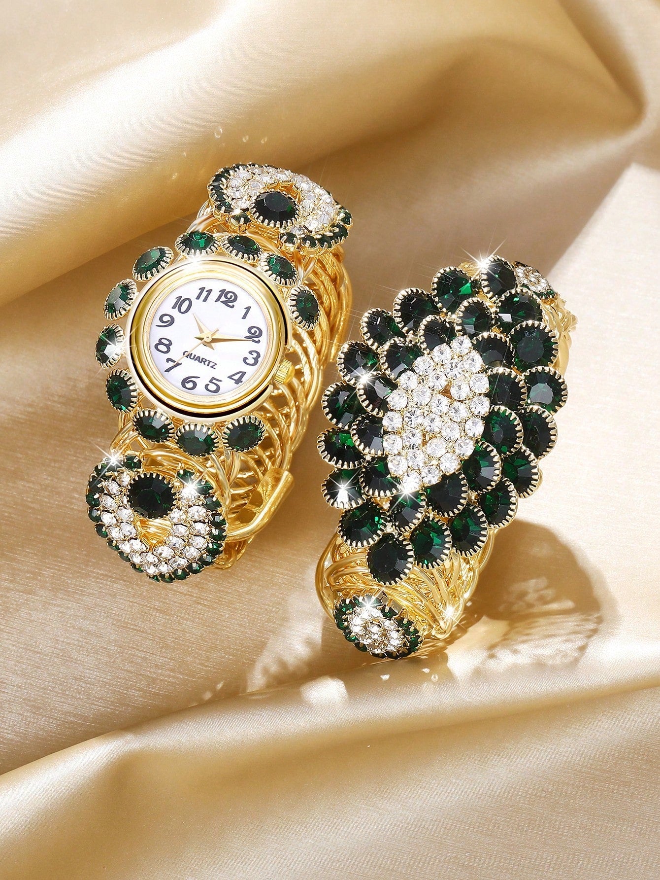 2pcs/Set Women'S Full Rhinestone Gemstone Decorated Quartz Watch And Bracelet Set