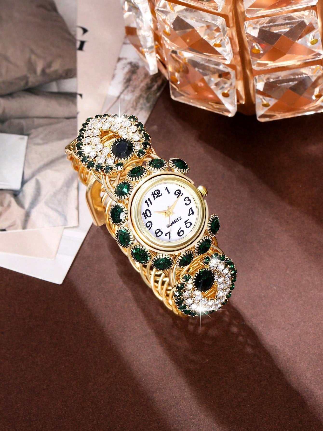 2pcs/Set Women'S Full Rhinestone Gemstone Decorated Quartz Watch And Bracelet Set