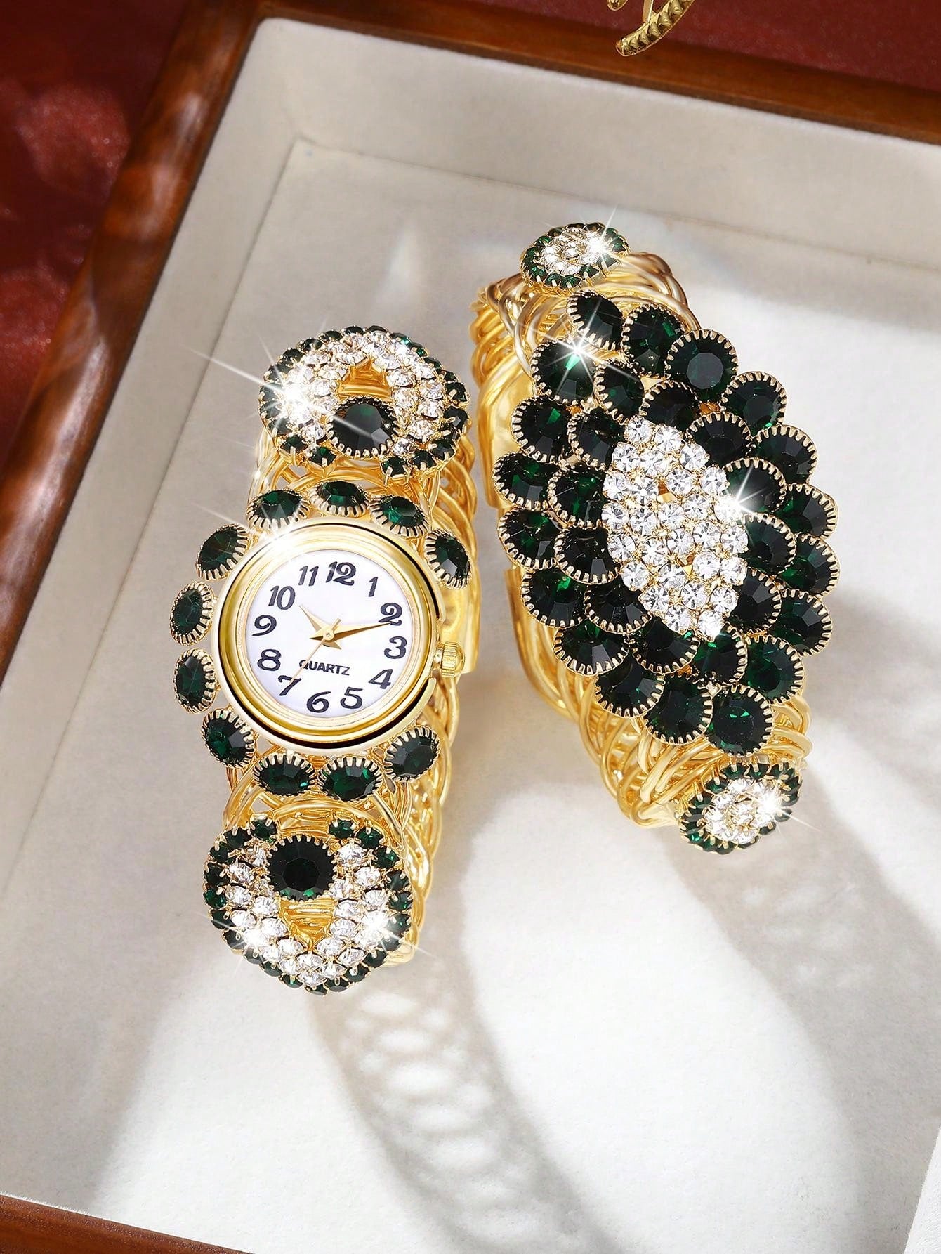 2pcs/Set Women'S Full Rhinestone Gemstone Decorated Quartz Watch And Bracelet Set