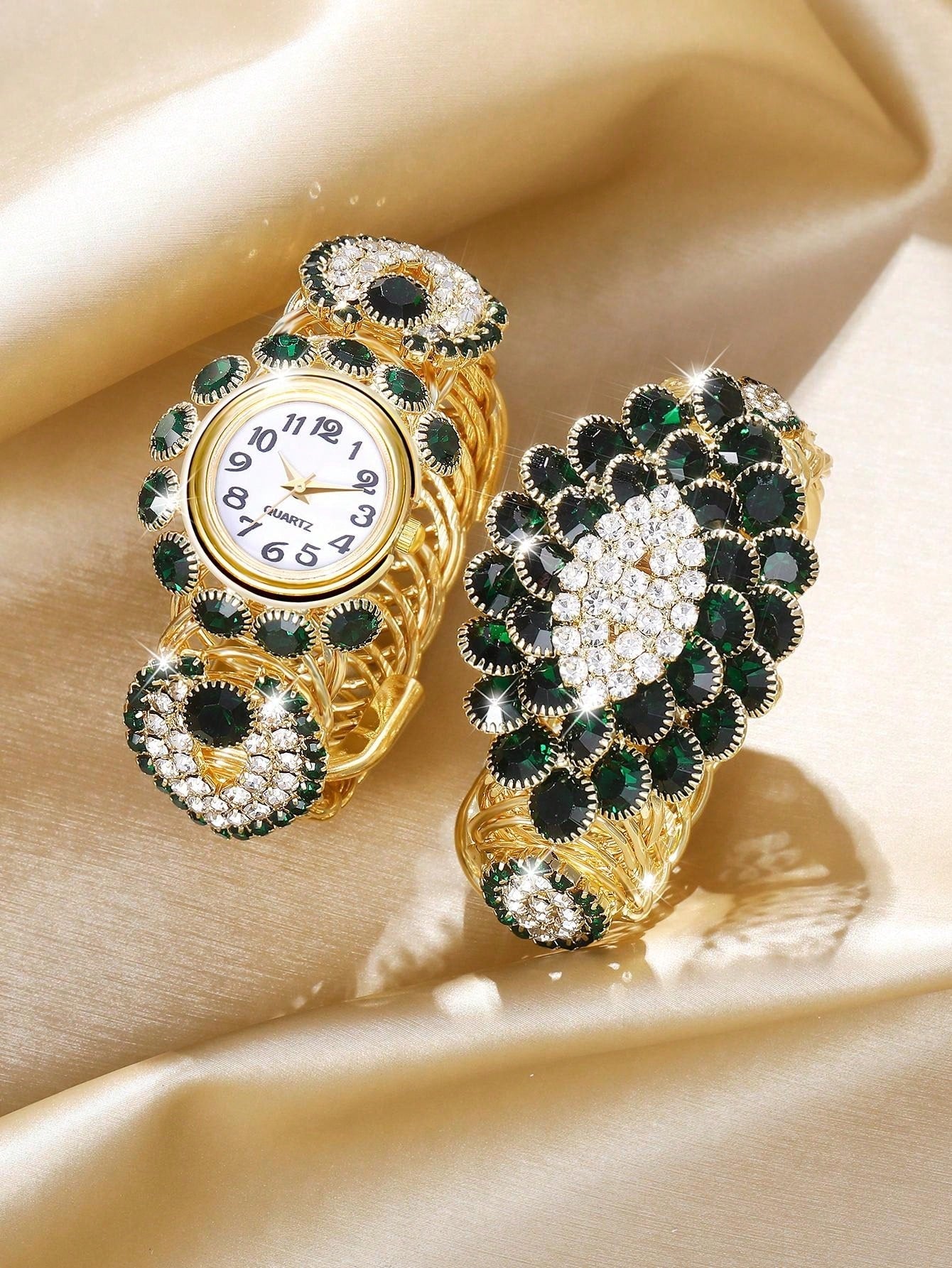 2pcs/Set Women'S Full Rhinestone Gemstone Decorated Quartz Watch And Bracelet Set