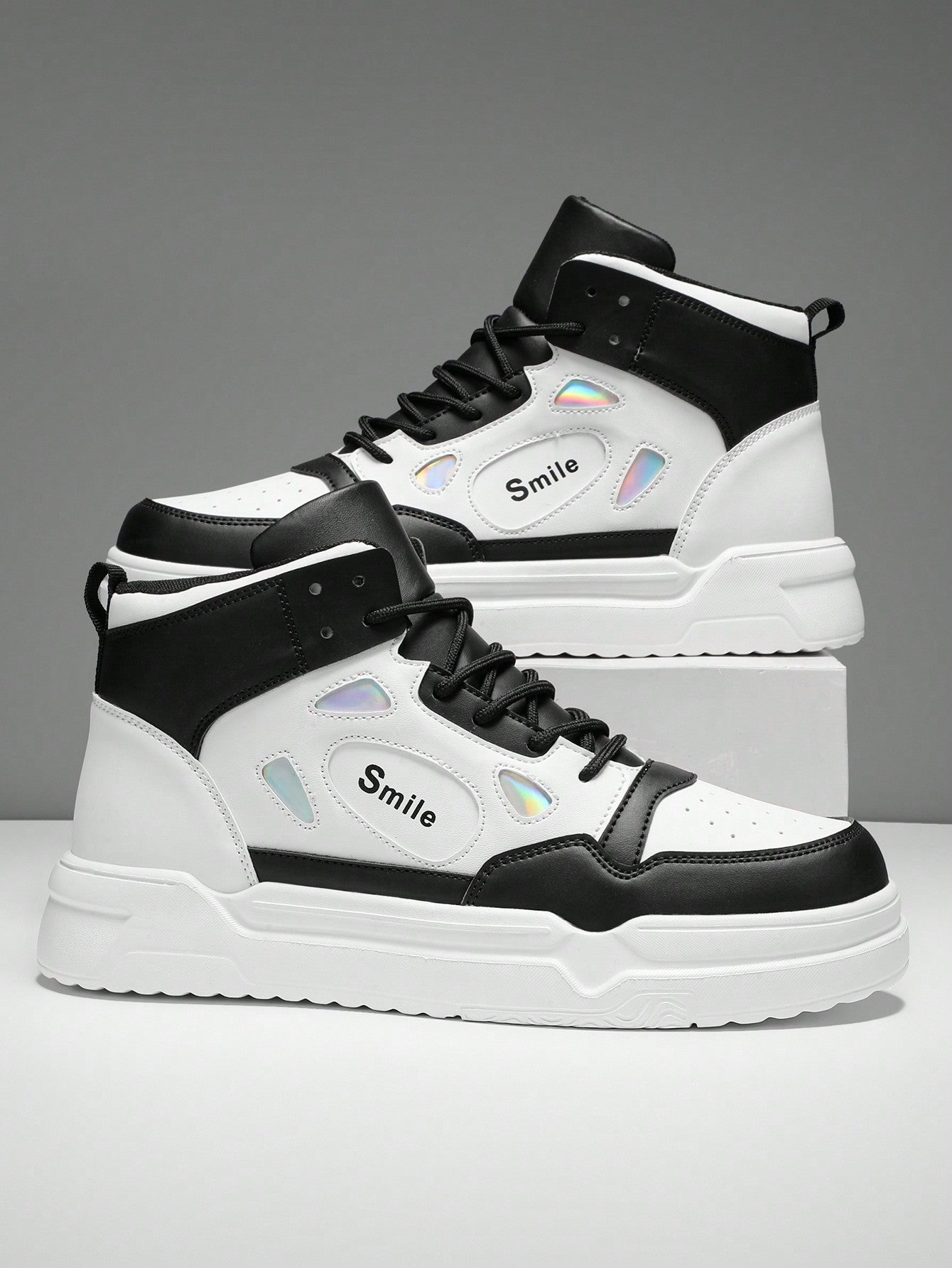 Men's High Top Colorblock Letter Pattern Sneakers With Laser Detail And Front Strap, Outdoor Thick Sole Skate Shoes