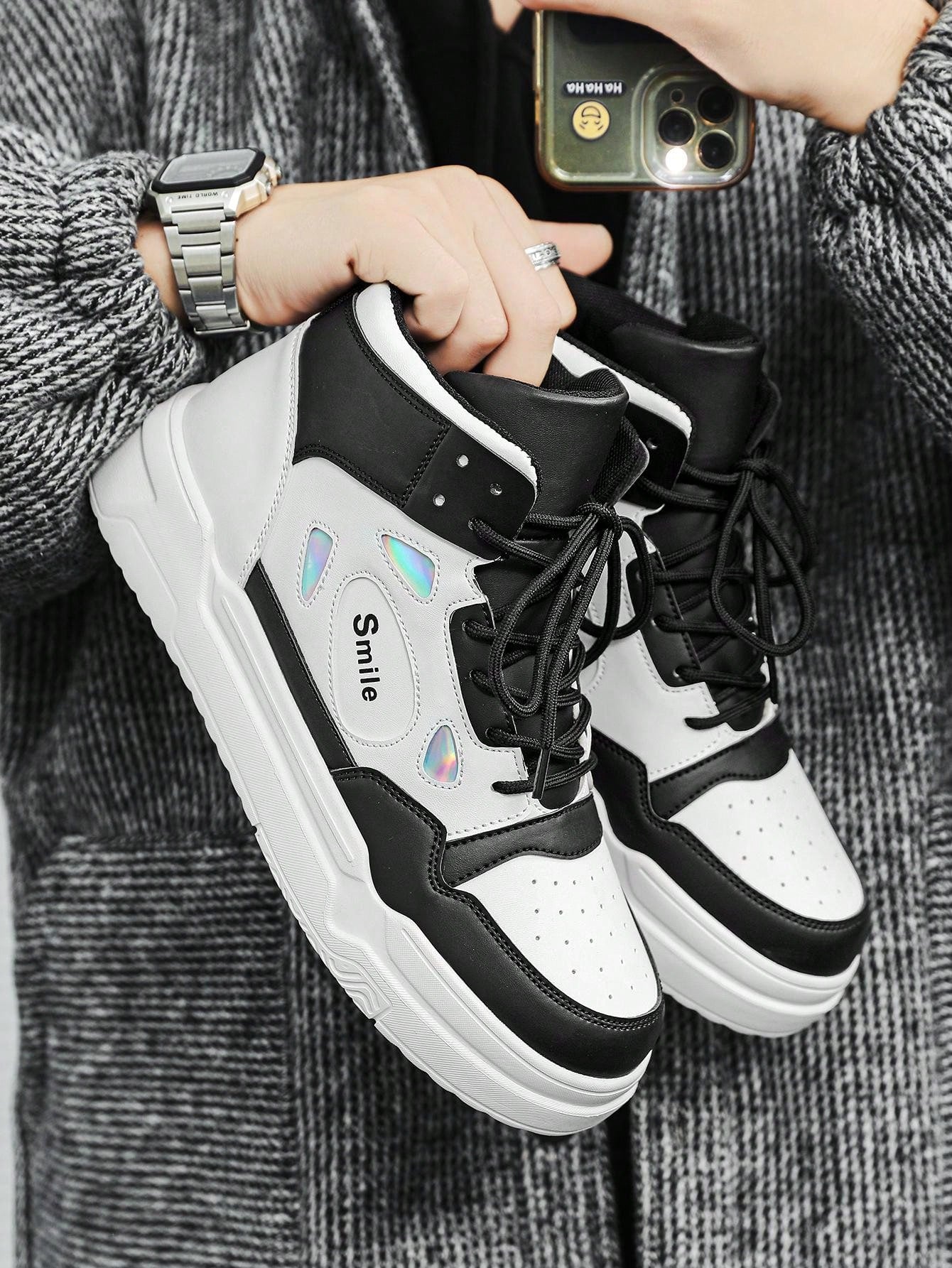 Men's High Top Colorblock Letter Pattern Sneakers With Laser Detail And Front Strap, Outdoor Thick Sole Skate Shoes