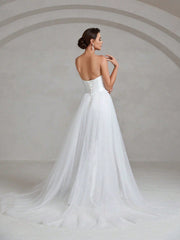 Contrast Mesh Mermaid Hem Satin Tube Wedding Dress