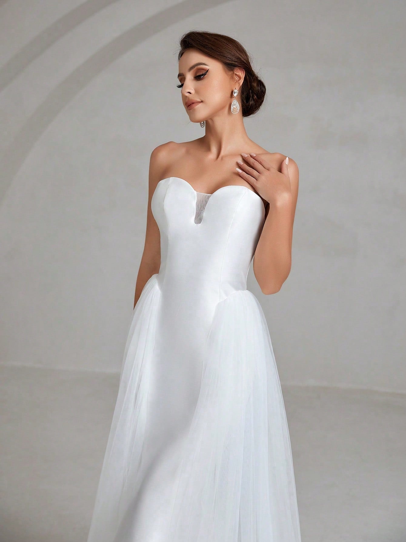 Contrast Mesh Mermaid Hem Satin Tube Wedding Dress