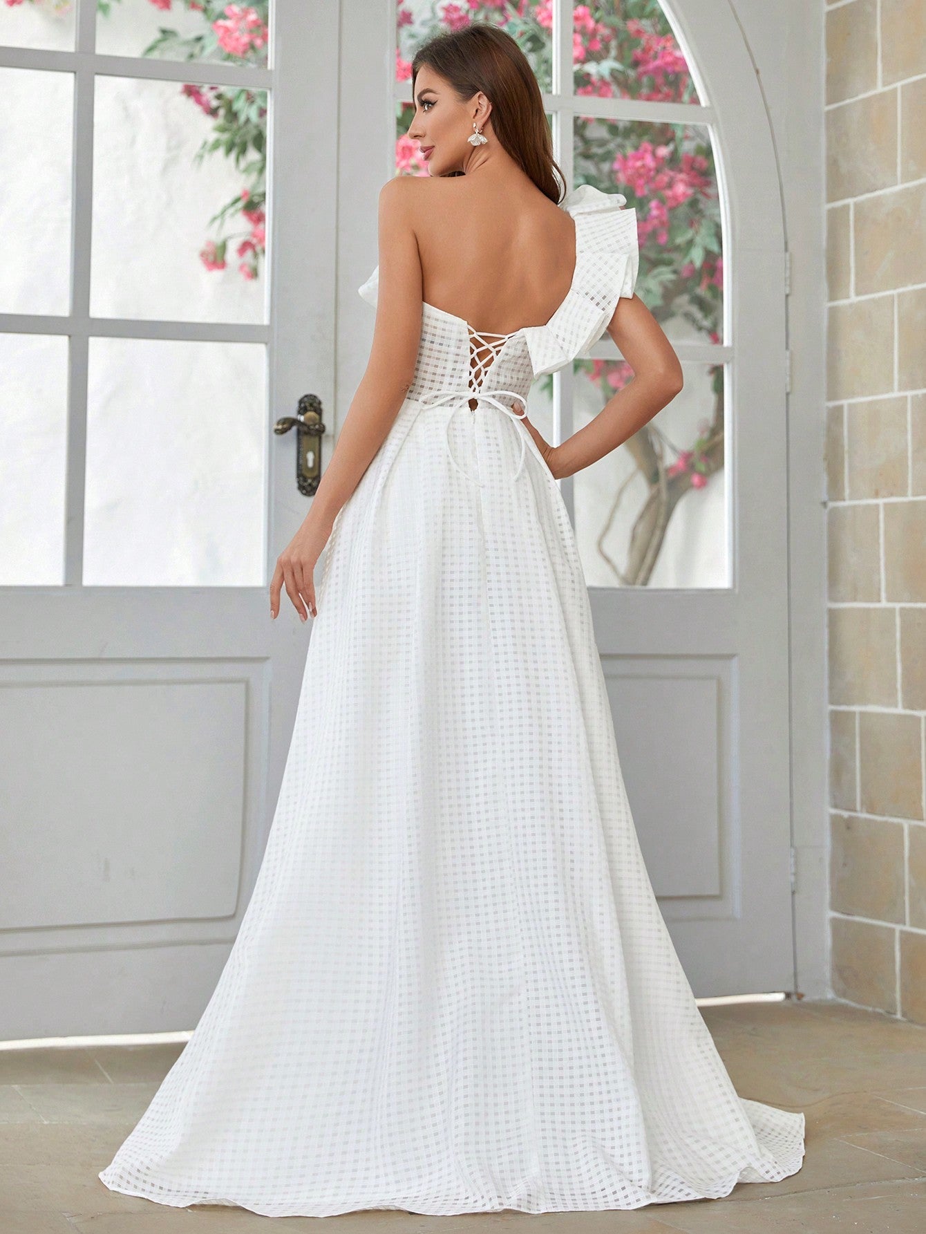 Belle One-Shoulder Ruffled Edge Wedding Dress With Back Tie