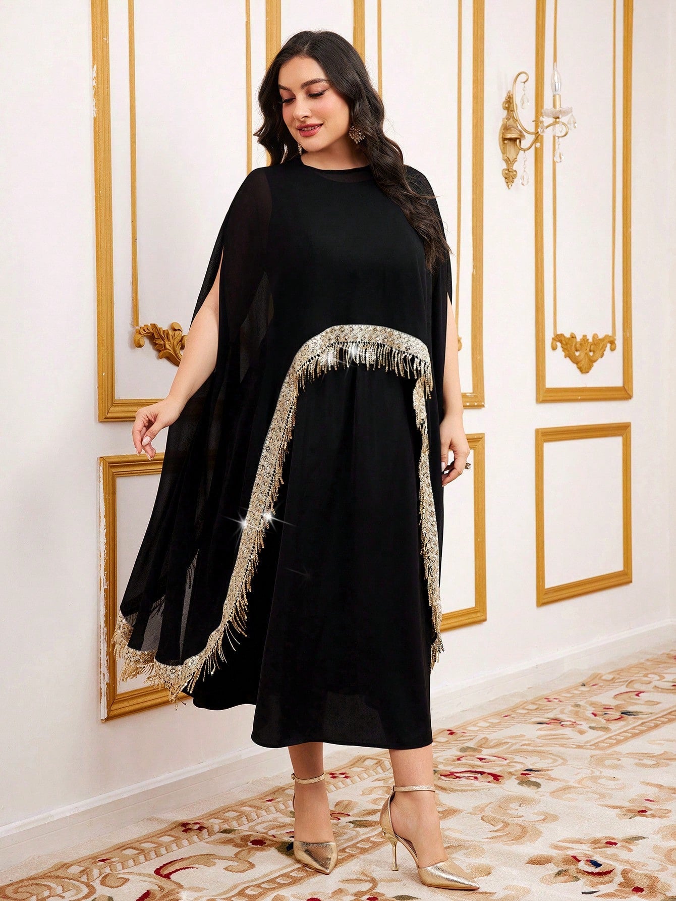 Modely Plus Size Glitter Fringe Decorated Cape Top And Sleeveless Dress Set