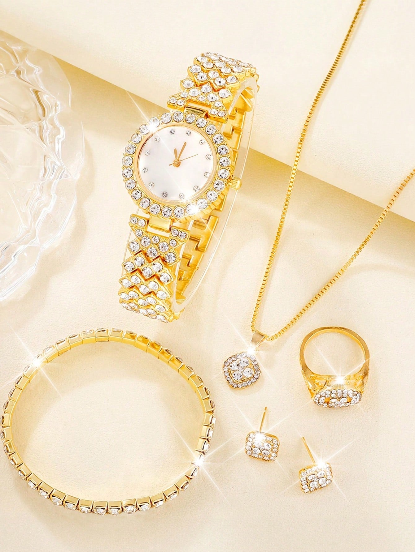 6pcs Luxury Diamond Full Drilled Steel Belt Women'S Quartz Watch + Inlaid Diamond Bracelet + Necklace + Earrings + Ring Set