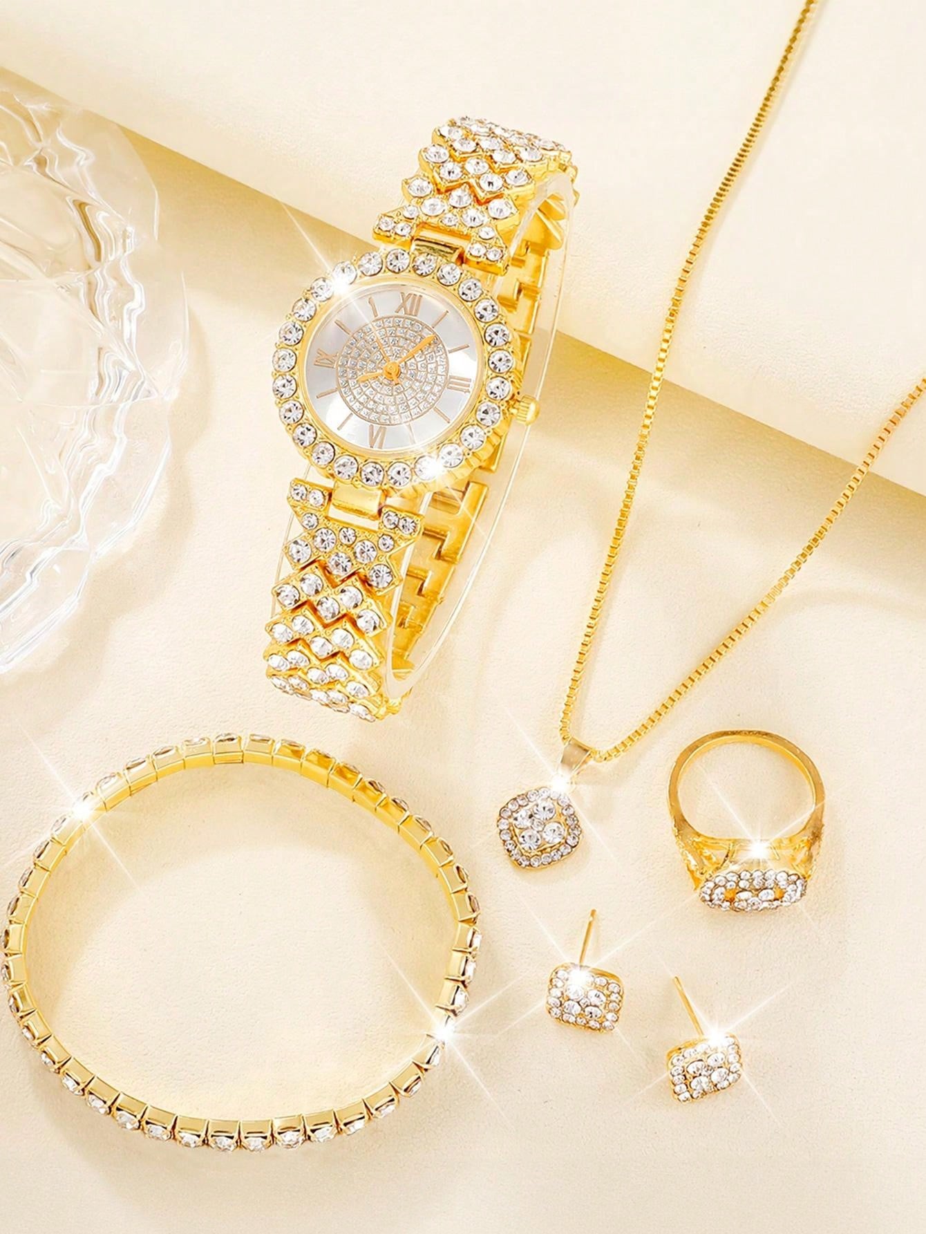 6pcs Luxury Diamond Full Drilled Steel Belt Women'S Quartz Watch + Inlaid Diamond Bracelet + Necklace + Earrings + Ring Set