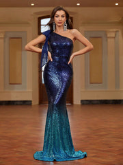 Belle Asymmetric Neckline Gradient Glitter Mermaid Evening Dress With Bow Tie