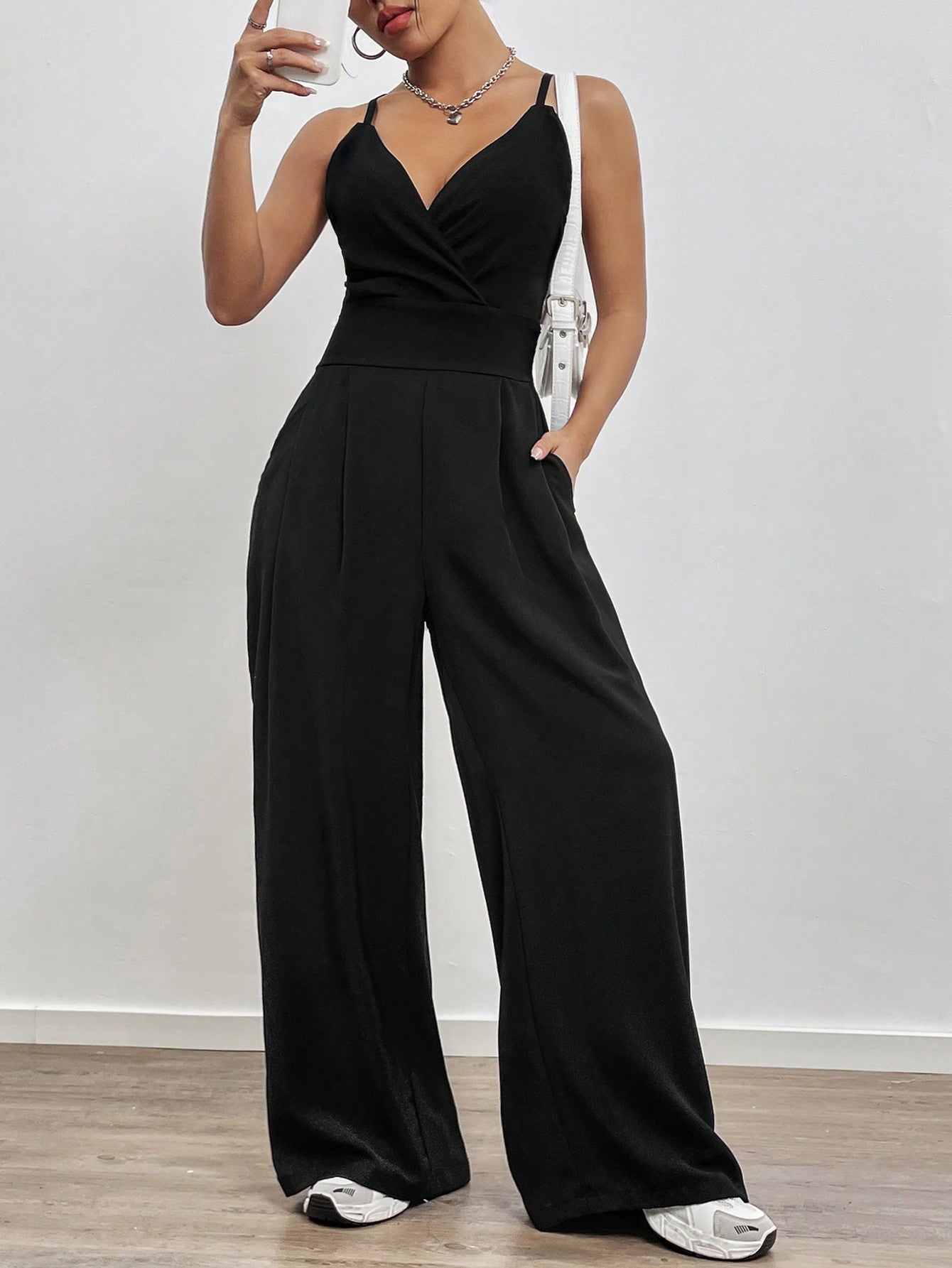 Pocket Side Wide Leg Jumpsuit With Adjustable Straps