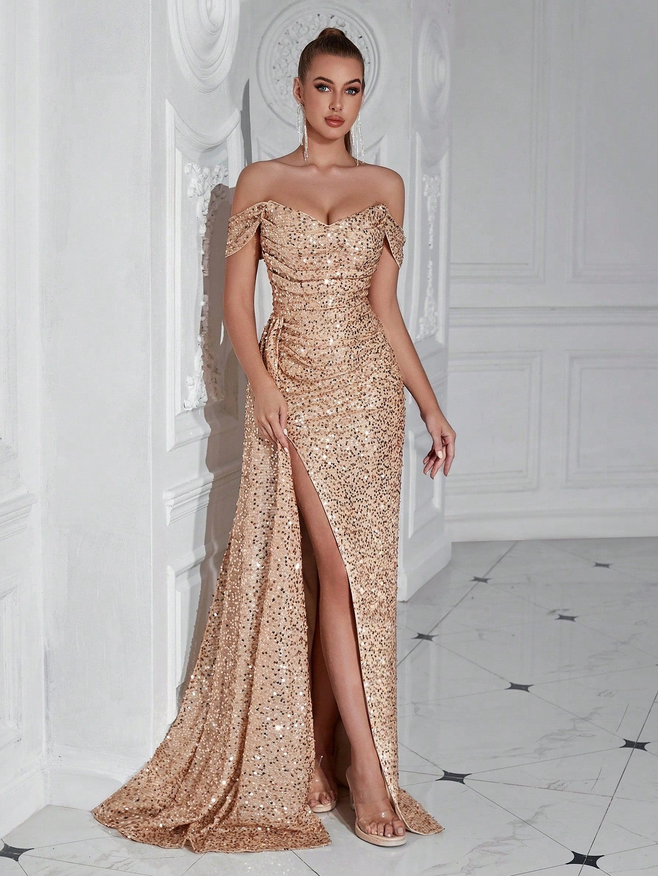 ADYCE Off Shoulder High Slit Sequin Party Evening Dress