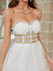 Belle Pleated A-Line Skirt With Gold Ribbon Decoration, Net Strapless Wedding Dress