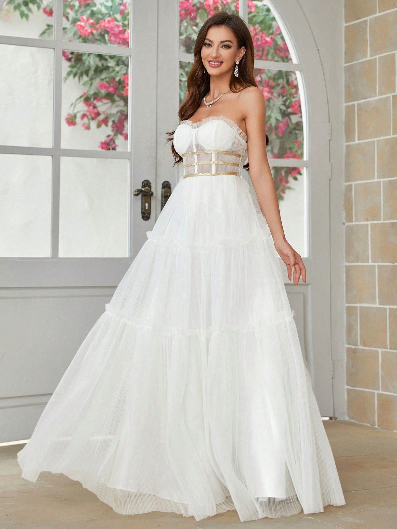 Belle Pleated A-Line Skirt With Gold Ribbon Decoration, Net Strapless Wedding Dress