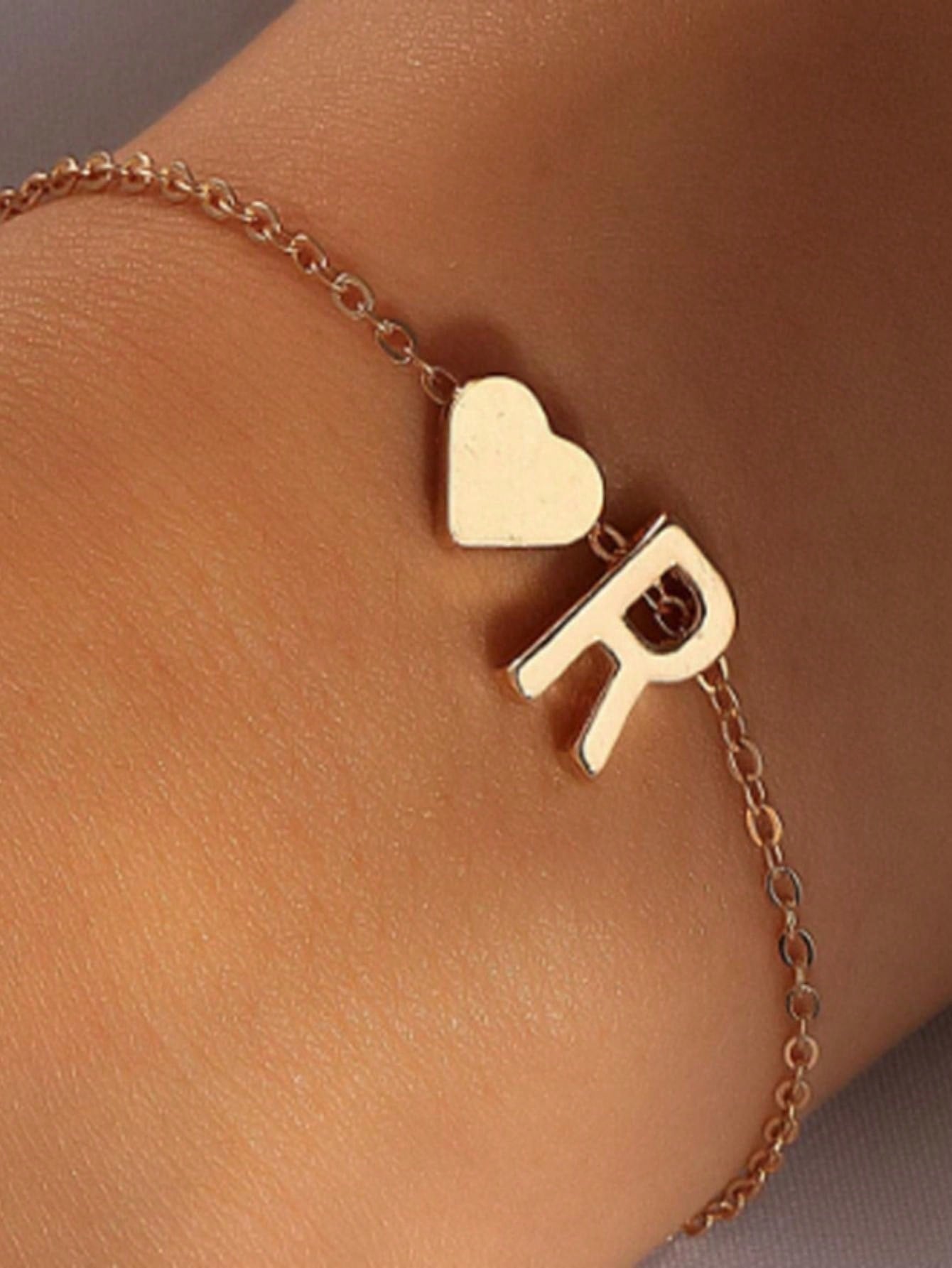 1pc Fashion Exquisite A-Z 26 Initial Letters Heart Bracelet For Couple Gift For Women Men