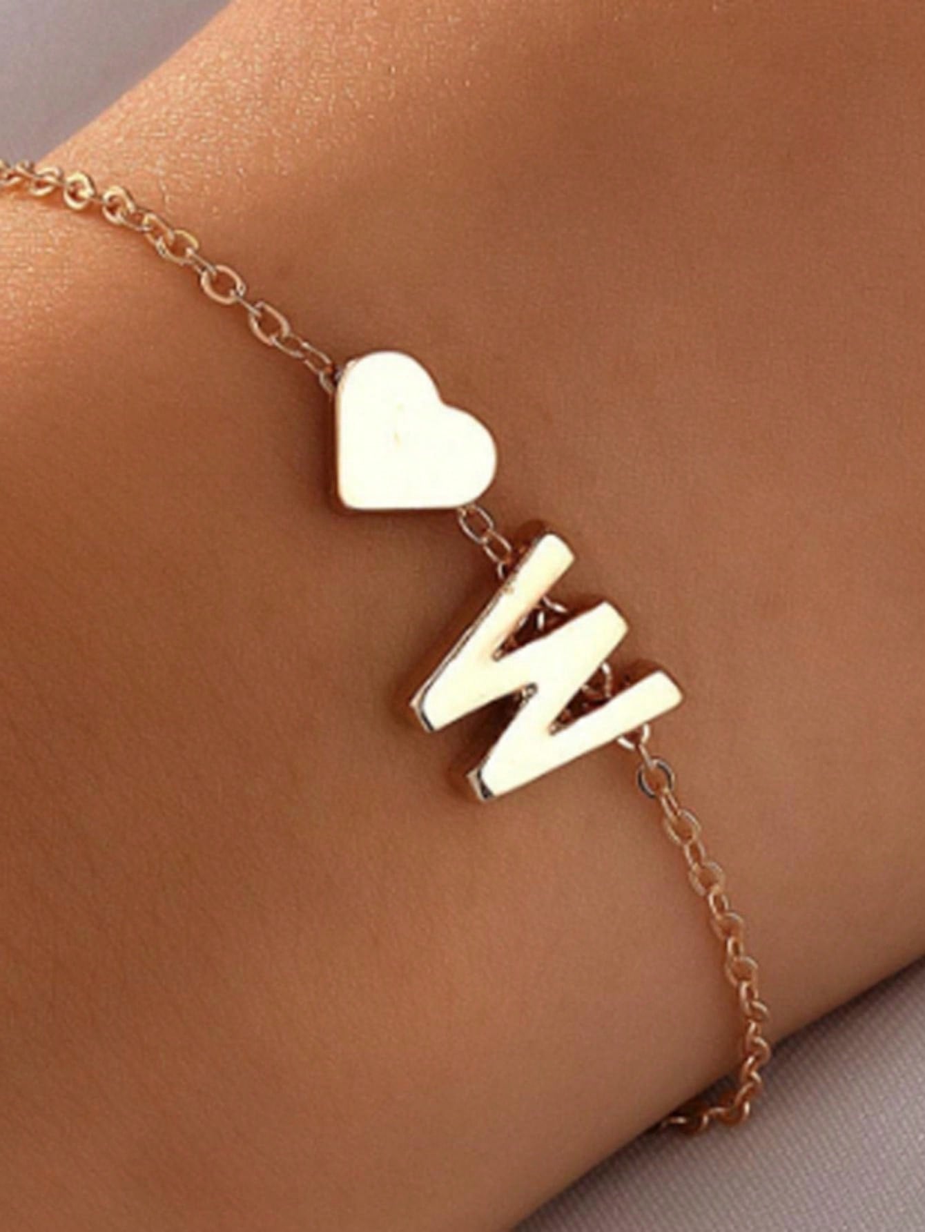 1pc Fashion Exquisite A-Z 26 Initial Letters Heart Bracelet For Couple Gift For Women Men