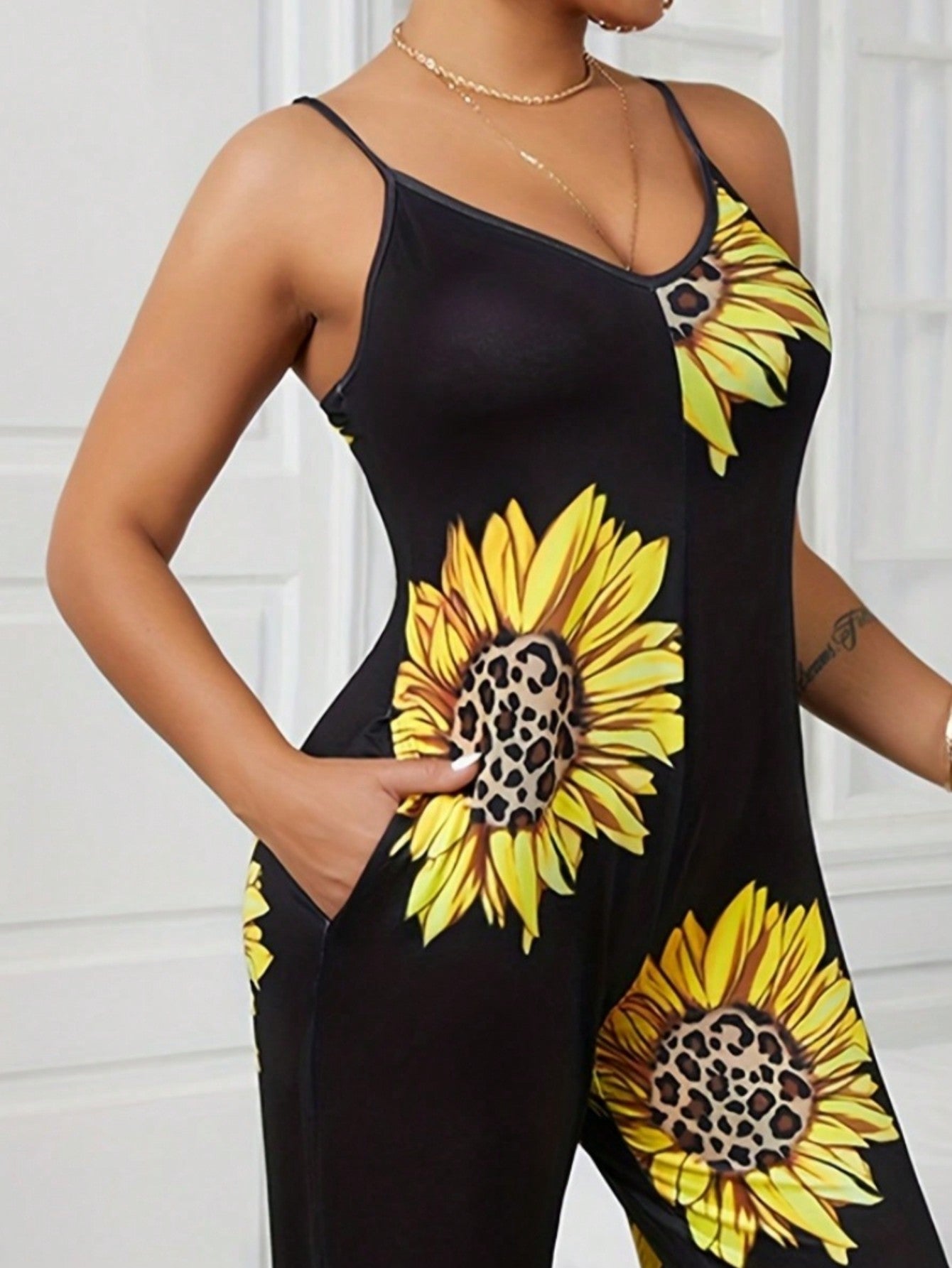 Sunflower Print Wide Leg Jumpsuit