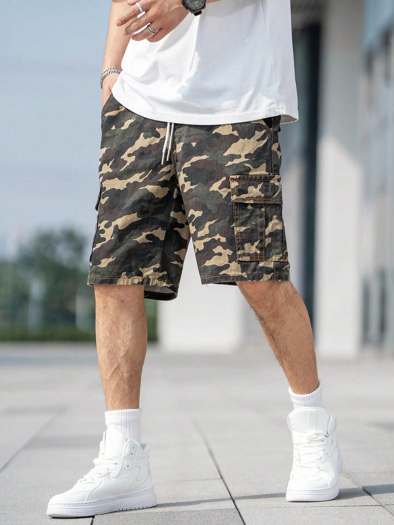 Manfinity EMRG Men'S Camouflage Print Drawstring Utility Denim Shorts