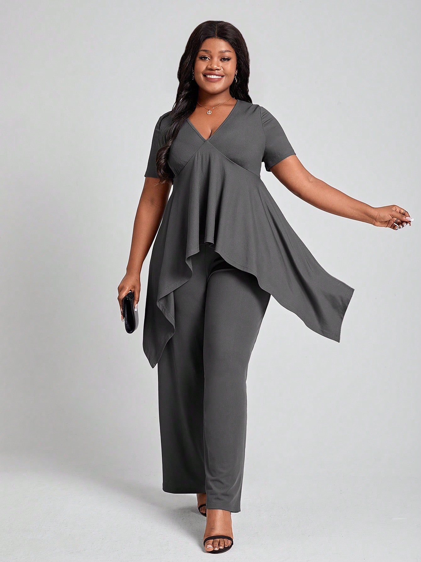 Lady Plus Size Solid Color Casual 2-Piece