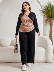 Mulvari Plus Size Women'S Color Block Long Sleeve Top And Wide Leg Pants Set