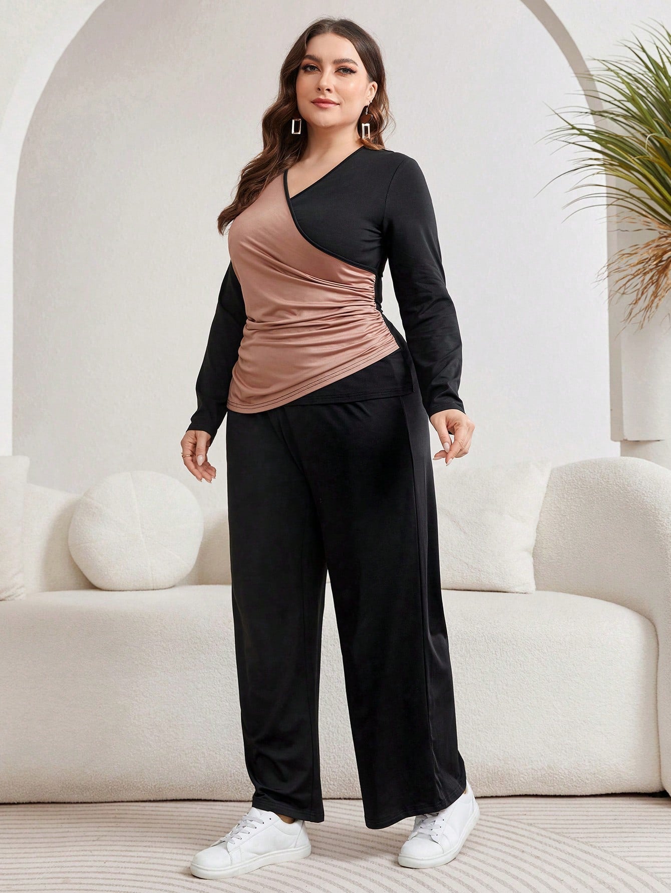 Mulvari Plus Size Women'S Color Block Long Sleeve Top And Wide Leg Pants Set