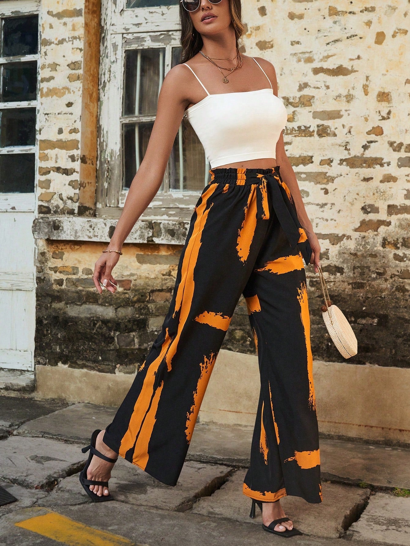 LUNE Random Printed Tie Waist Long Pants