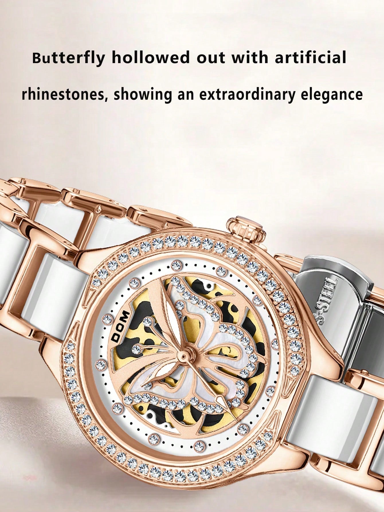 1pc Casual And Elegant Hollow Out Style Faux Diamond Butterfly Pointer Ceramic Wristwatch With Steel Band For Women