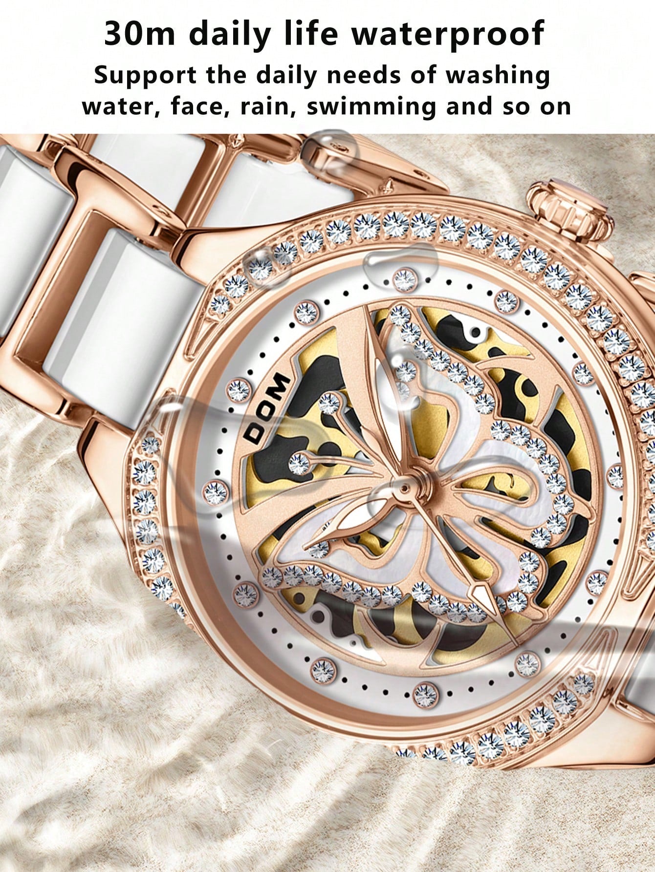 1pc Casual And Elegant Hollow Out Style Faux Diamond Butterfly Pointer Ceramic Wristwatch With Steel Band For Women