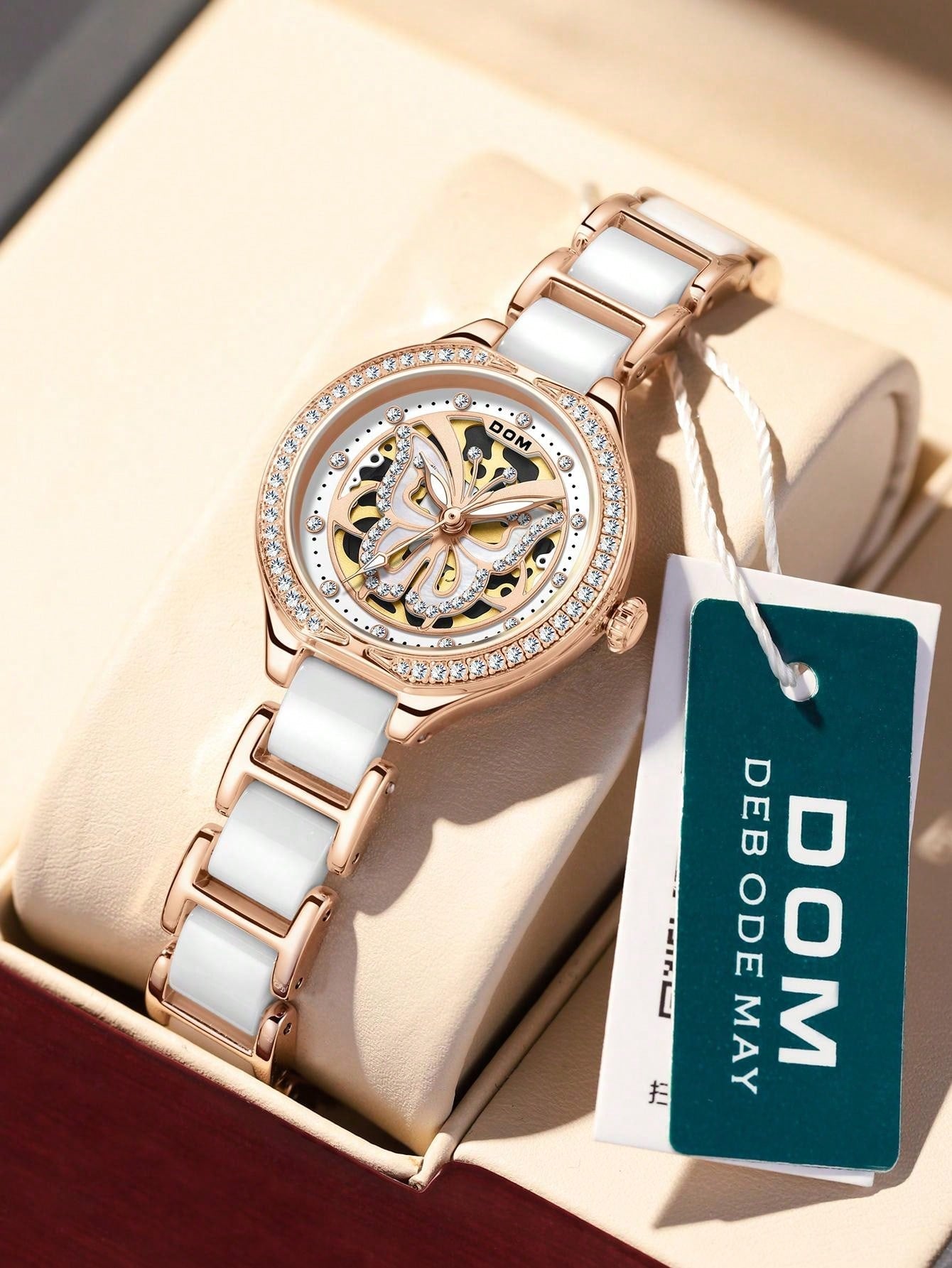 1pc Casual And Elegant Hollow Out Style Faux Diamond Butterfly Pointer Ceramic Wristwatch With Steel Band For Women