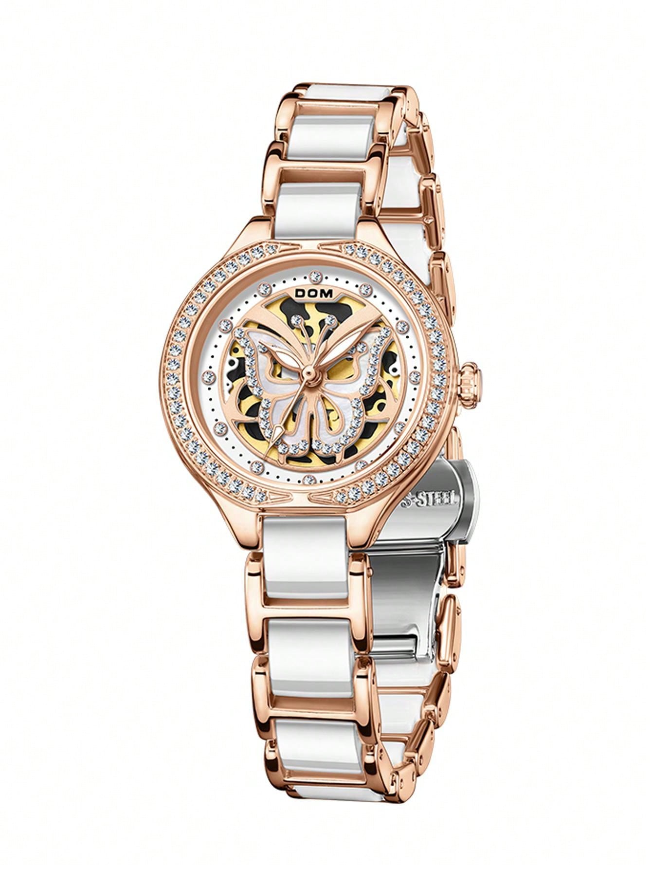 1pc Casual And Elegant Hollow Out Style Faux Diamond Butterfly Pointer Ceramic Wristwatch With Steel Band For Women