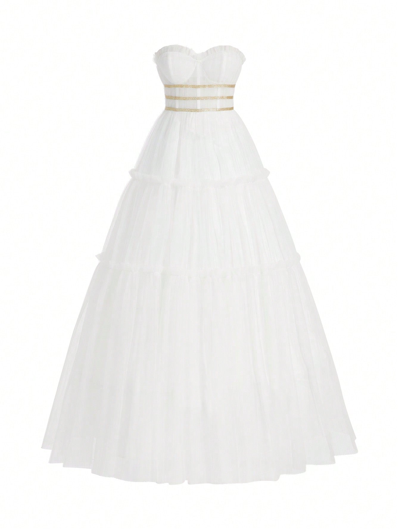 Belle Pleated A-Line Skirt With Gold Ribbon Decoration, Net Strapless Wedding Dress