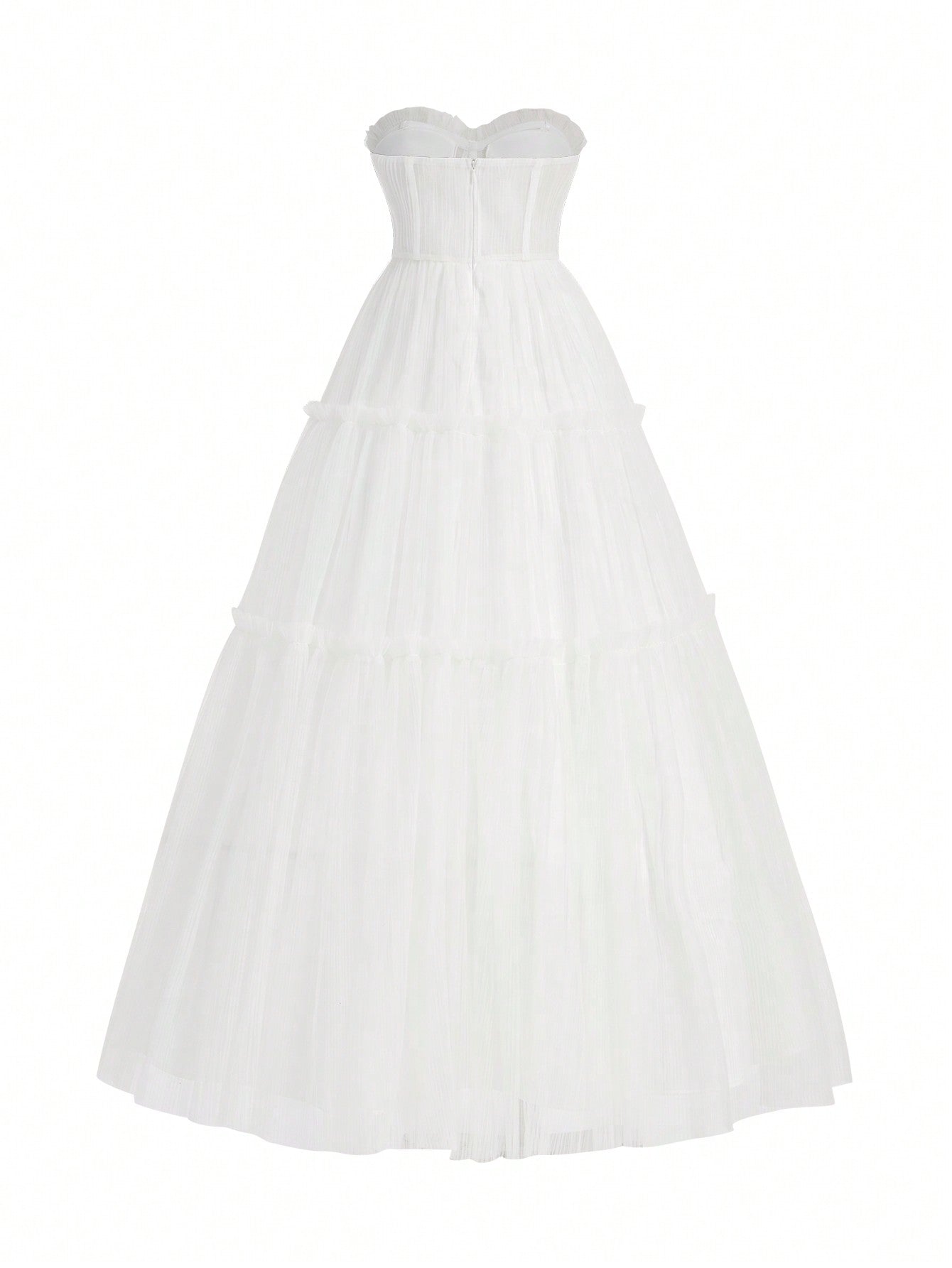 Belle Pleated A-Line Skirt With Gold Ribbon Decoration, Net Strapless Wedding Dress