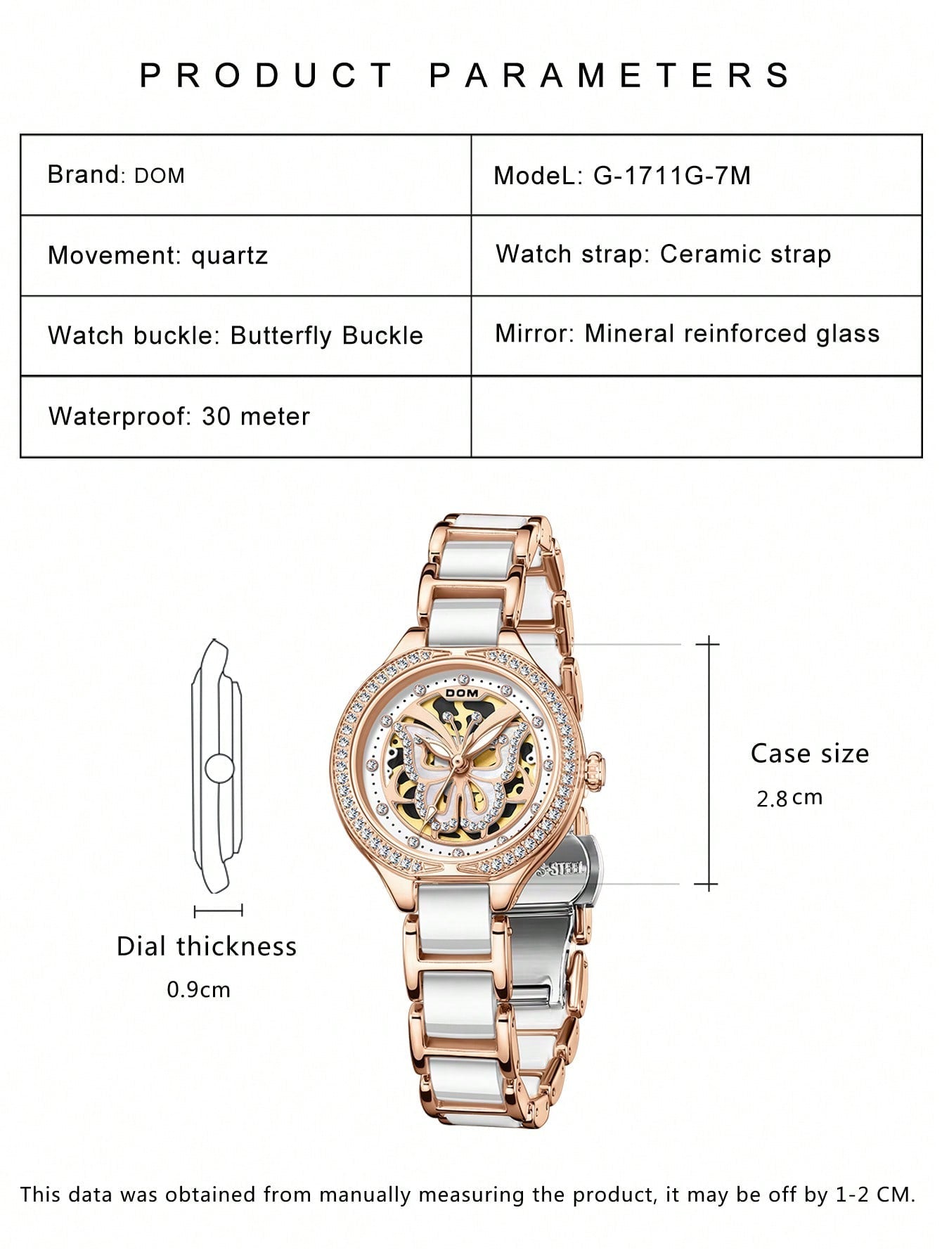 1pc Casual And Elegant Hollow Out Style Faux Diamond Butterfly Pointer Ceramic Wristwatch With Steel Band For Women