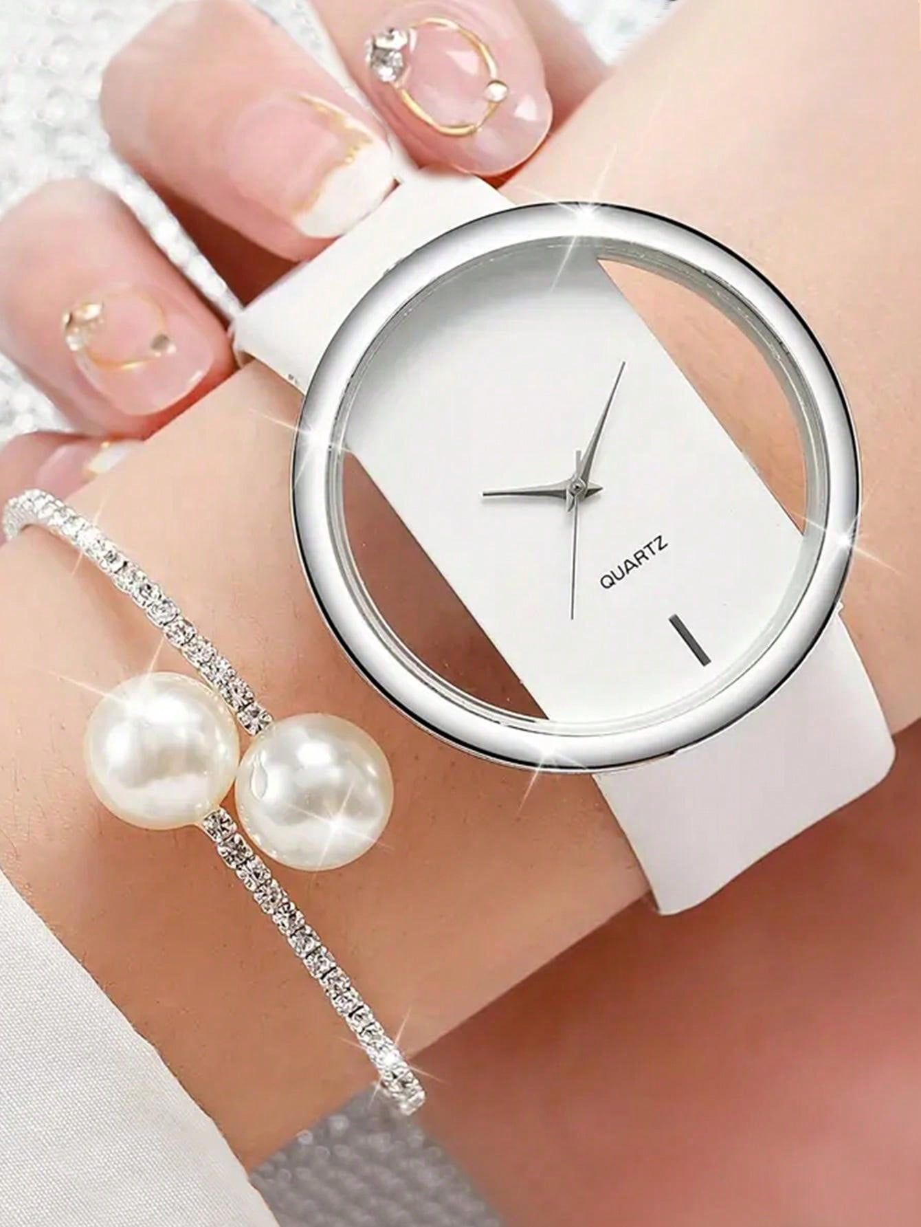 2pcs Fashionable And Minimalist Hollowed Out Design Women's Belt Quartz Watch Paired With Pearl Studded Diamond Bracelet Set