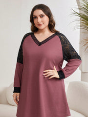 Mulvari Plus Size Women'S Lace Splice Long Sleeve Top And Pants Two Piece Set