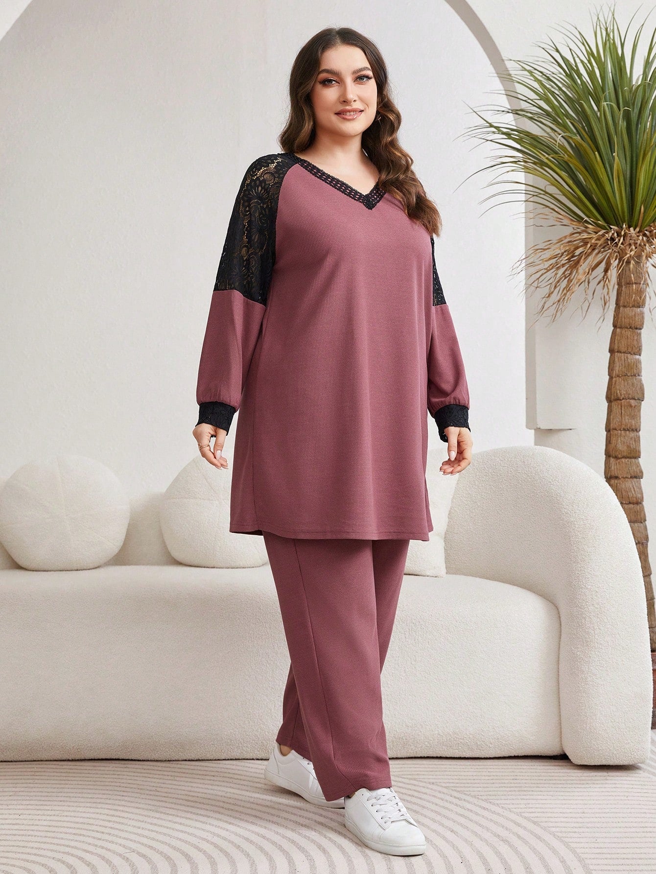 Mulvari Plus Size Women'S Lace Splice Long Sleeve Top And Pants Two Piece Set