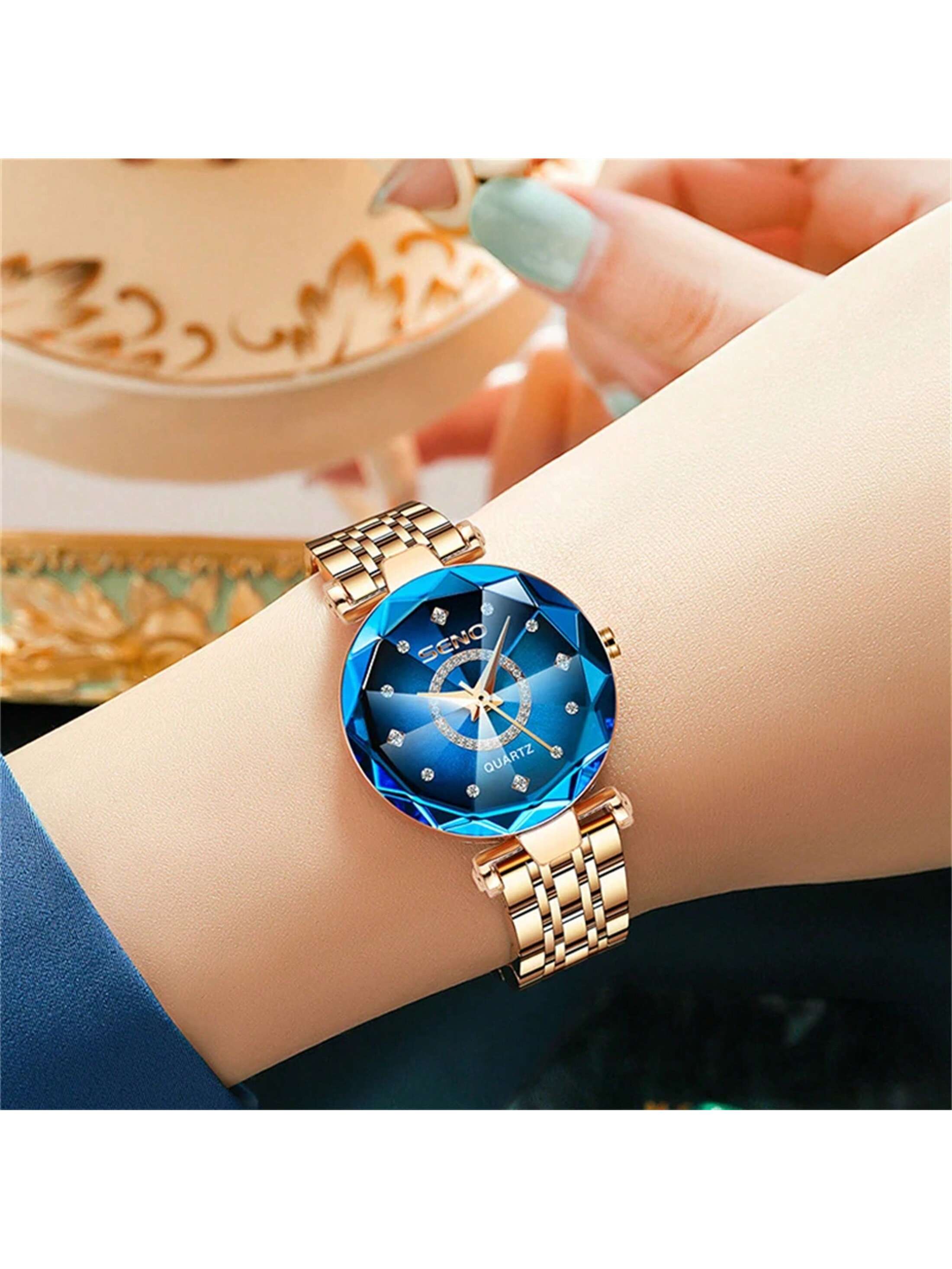 1pc Sapphire Women'S Watch With Stainless Steel Rose Gold Strap, 3d Cutting Glass Dial, Luminous Hands, Elegant Design, Waterproof