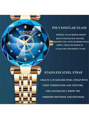 1pc Sapphire Women'S Watch With Stainless Steel Rose Gold Strap, 3d Cutting Glass Dial, Luminous Hands, Elegant Design, Waterproof