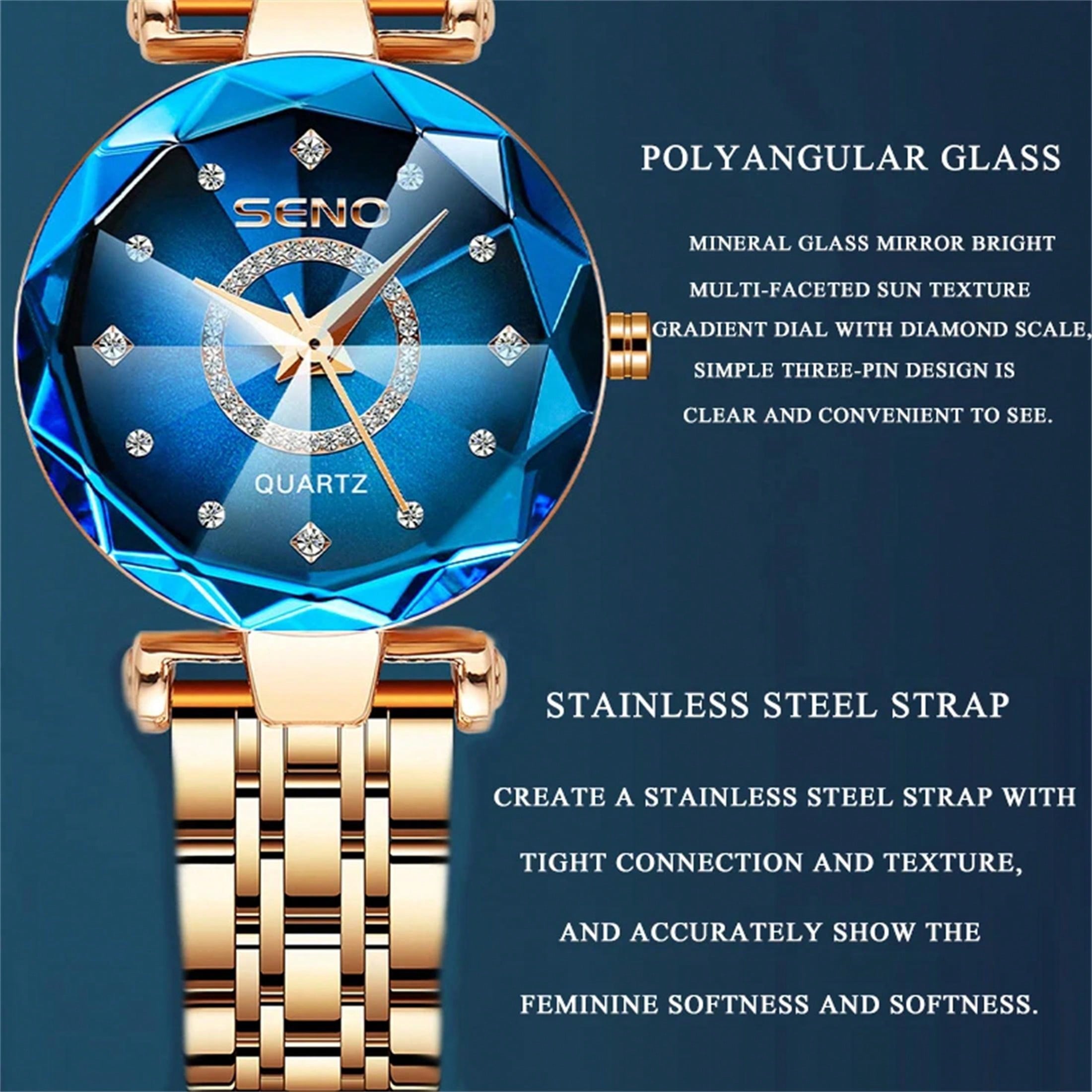 1pc Sapphire Women'S Watch With Stainless Steel Rose Gold Strap, 3d Cutting Glass Dial, Luminous Hands, Elegant Design, Waterproof