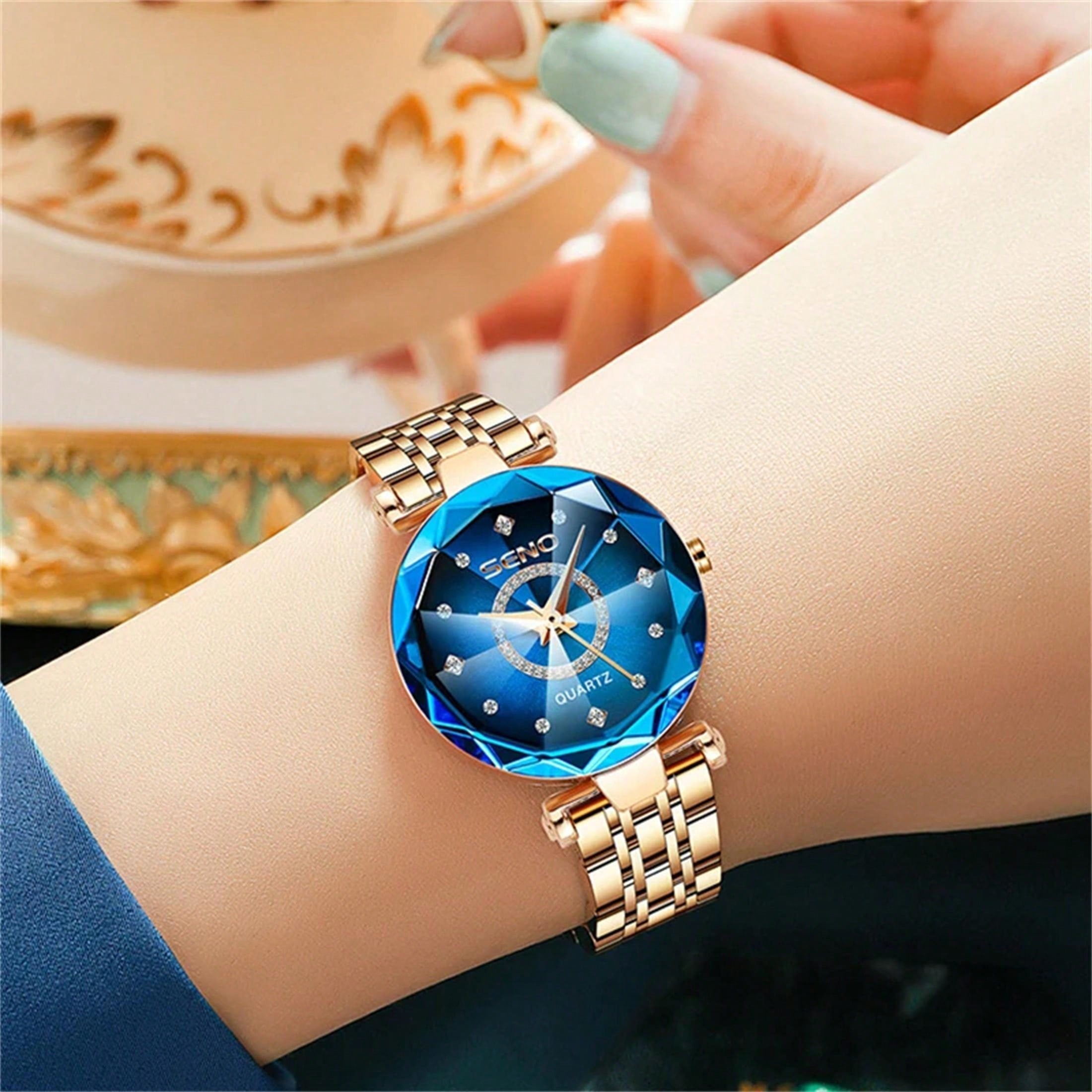 1pc Sapphire Women'S Watch With Stainless Steel Rose Gold Strap, 3d Cutting Glass Dial, Luminous Hands, Elegant Design, Waterproof