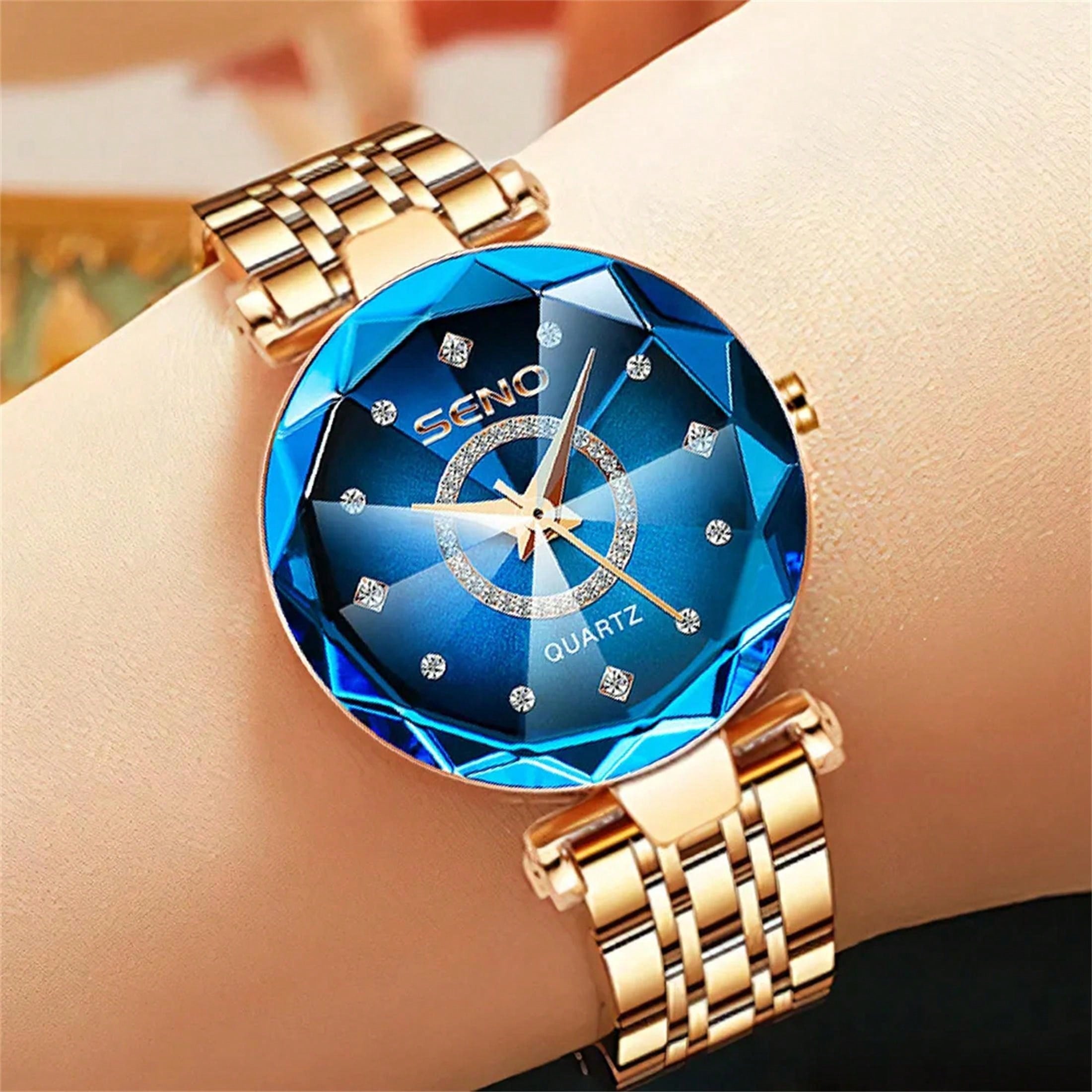 1pc Sapphire Women'S Watch With Stainless Steel Rose Gold Strap, 3d Cutting Glass Dial, Luminous Hands, Elegant Design, Waterproof