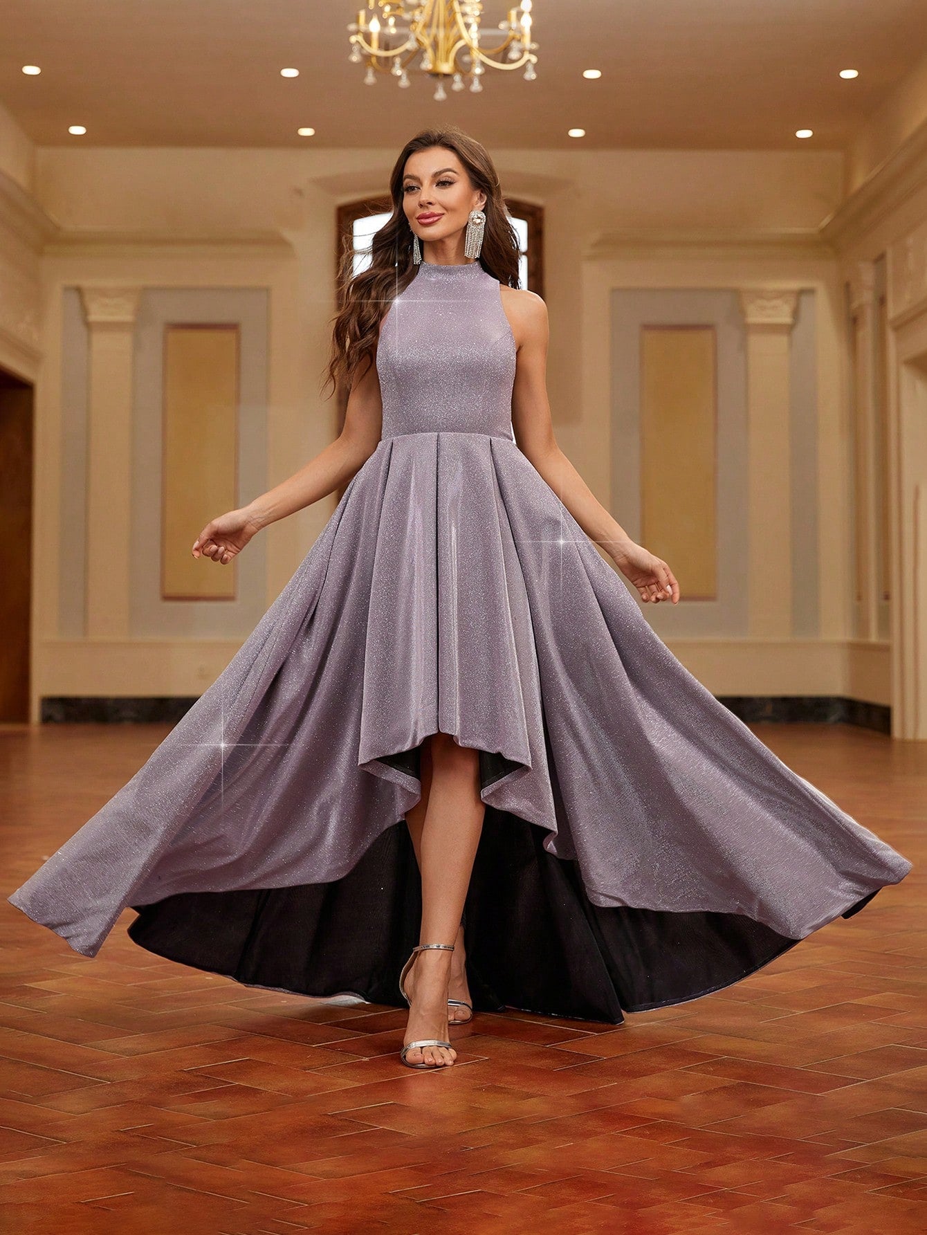 Belle Ladies' Formal Evening Dress, With High Low Asymmetric Hemline And Stand Collar (Heavy Duty)