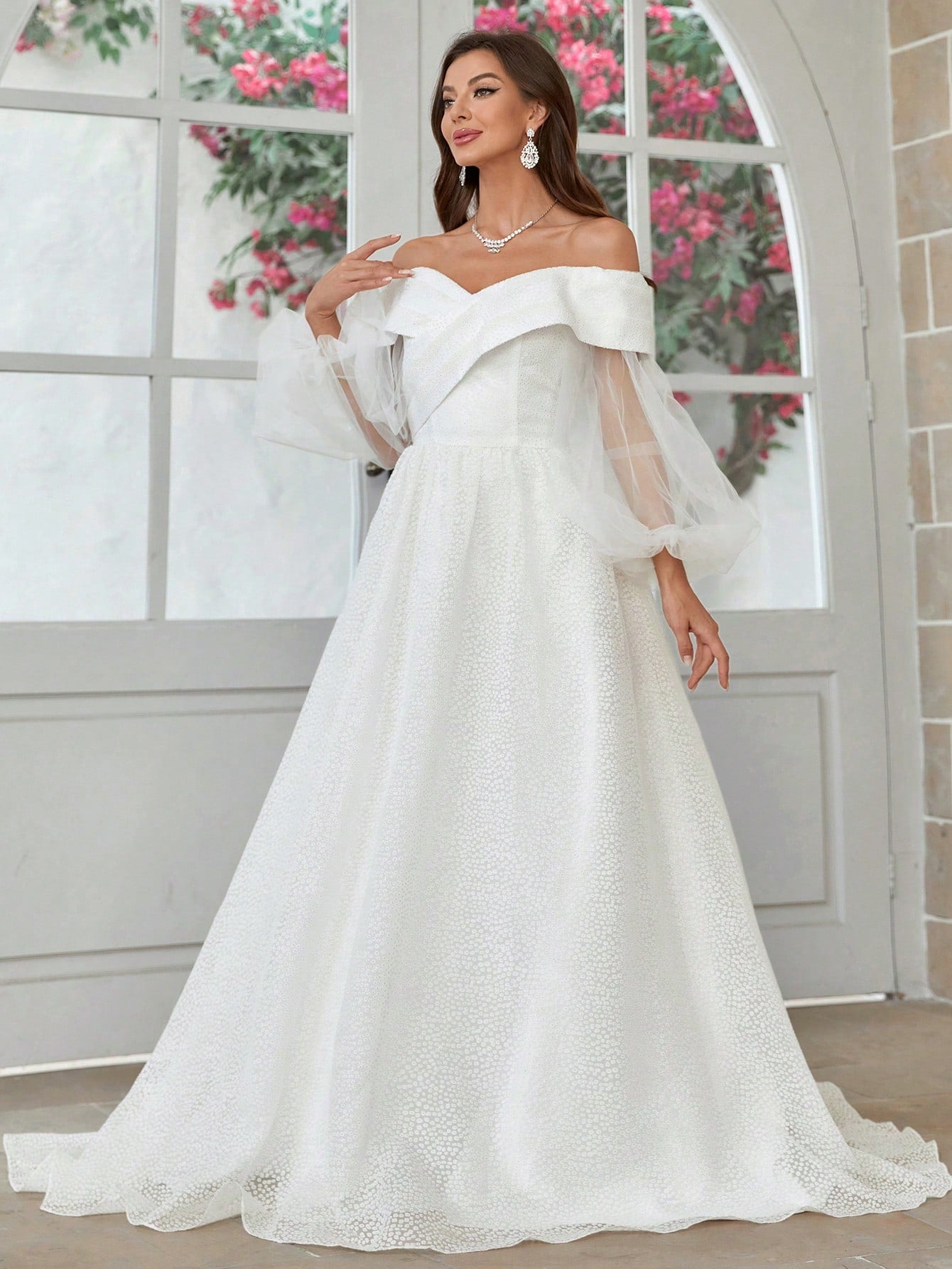 Belle 3d Blossom Fabric Off Shoulder Lantern Sleeve Ball Gown Wedding Dress